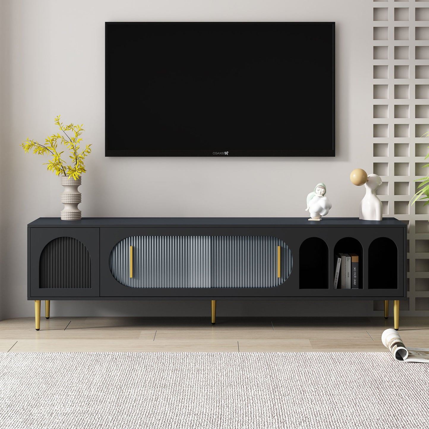 Modern TV Stand For Up To 70" TV, Entertainment Center TV Media Console Table, With 3 Shelves And 2 Cabinets, TV Console Cabinet Furniture For Living Room - Black