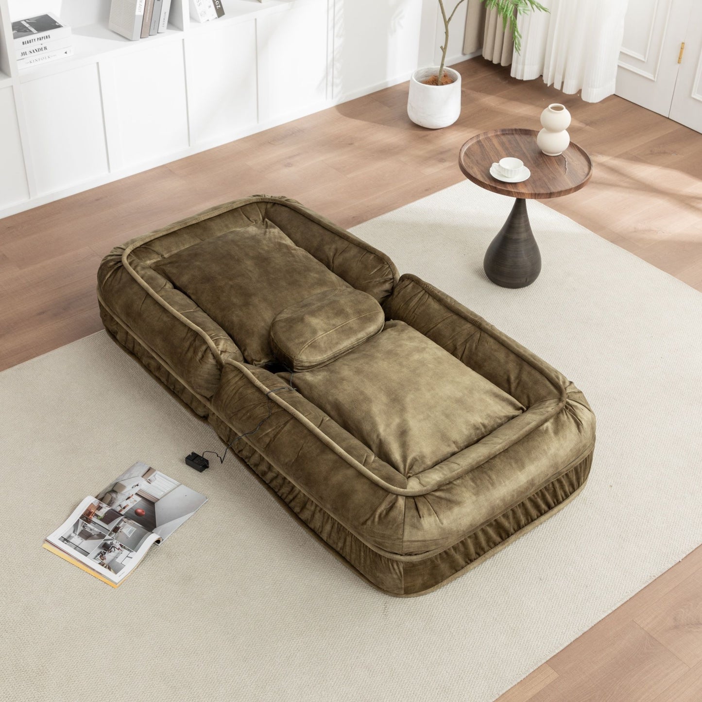 Upholstered Human Dog Bed And Pets Bean Bag Floor Sofa With Massage Pillow, 5 Adjustable Positions & 2 Soft Pillows Velvet With Foam And Iron Plastic Frame - Green