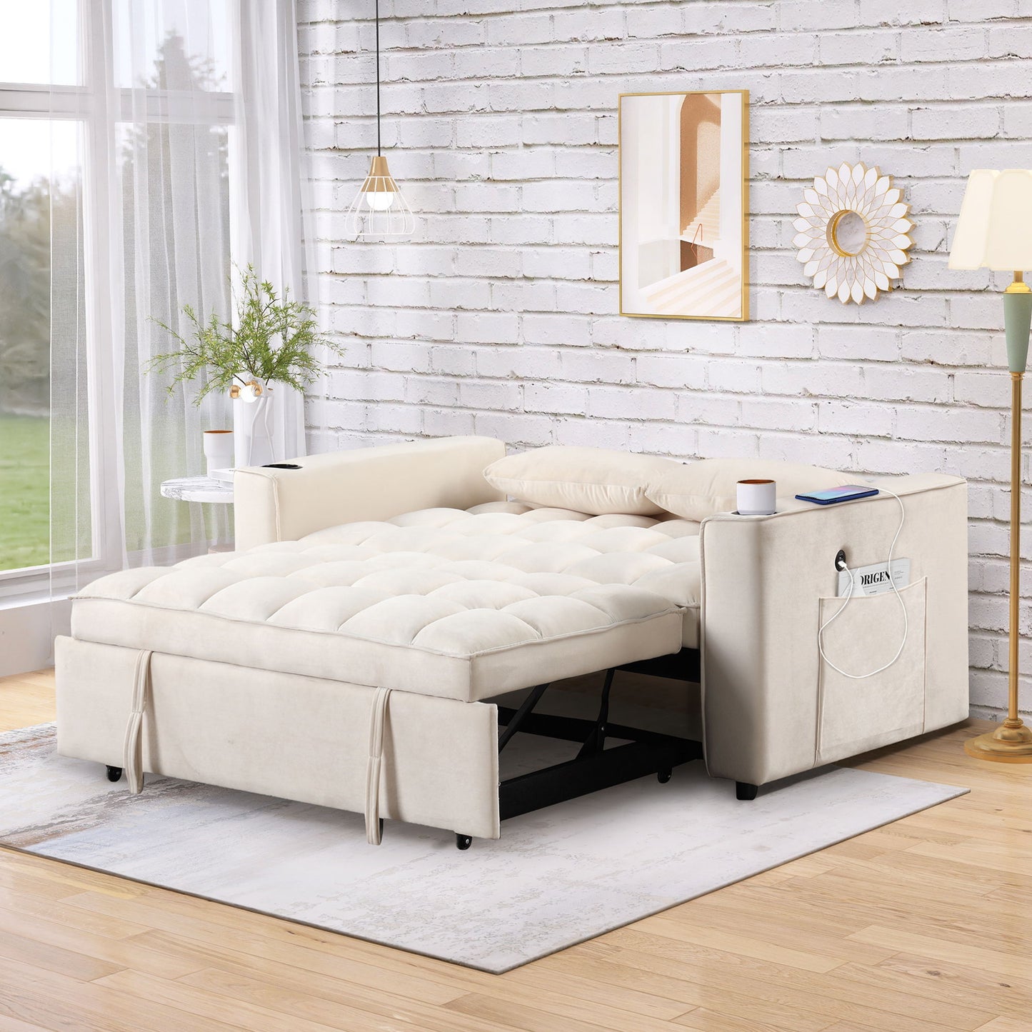 Multi Functional Sofa Bed With Cup Holder And USB Port For Living Room Or Apartments - Milk White