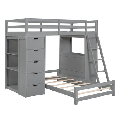 Twin Over Twin Bunk Bed With LED Light And USB Ports - Gray