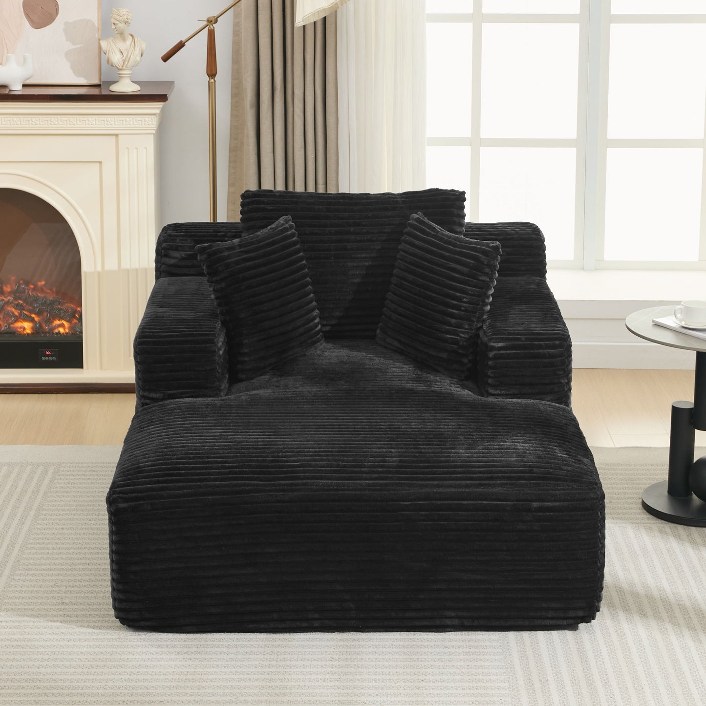 Modern Corduroy Chaise Lounge Sofa Bed With Removable Pillows, Upholstered Sleeper Sofa - Black