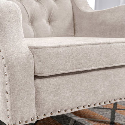 Accent Chair, Living Room Chair, Footrest Chair Set With Vintage Brass Studs, Button Tufted Upholstered Armchair For Living Room, Comfy Reading Chair For Bedroom, Reception Room - Beige