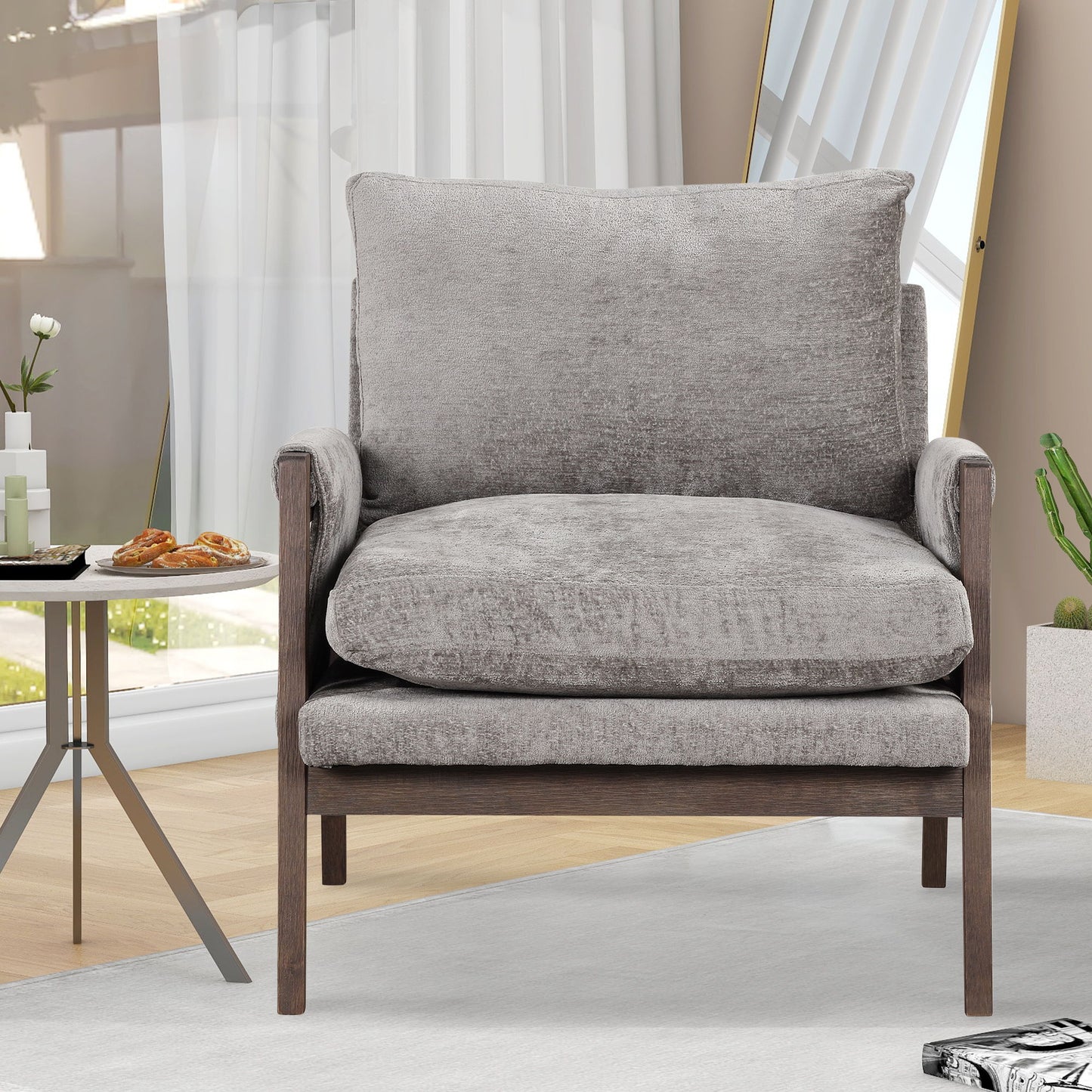 Mid-Century Modern Velvet Accent Chair, Leisure Chair With Solid Wood And Thick Seat Cushion For Living Room, Bedroom, Studio - Gray