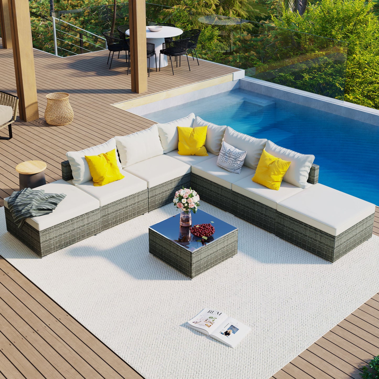 8 Pieces Outdoor Patio Furniture Sets, Garden Conversation Wicker Sofa Set, Single Sofa Combinable - Beiges / Gray