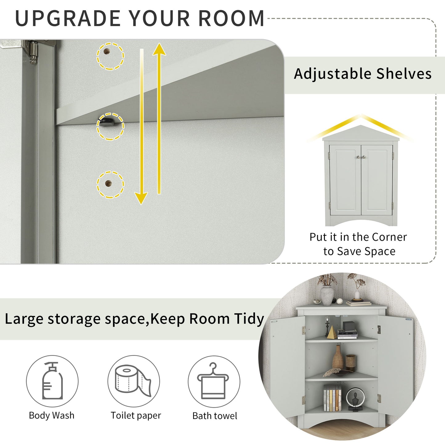 Triangle Bathroom Storage Cabinet With Adjustable Shelves, Freestanding Floor Cabinet For Home Kitchen - Gray