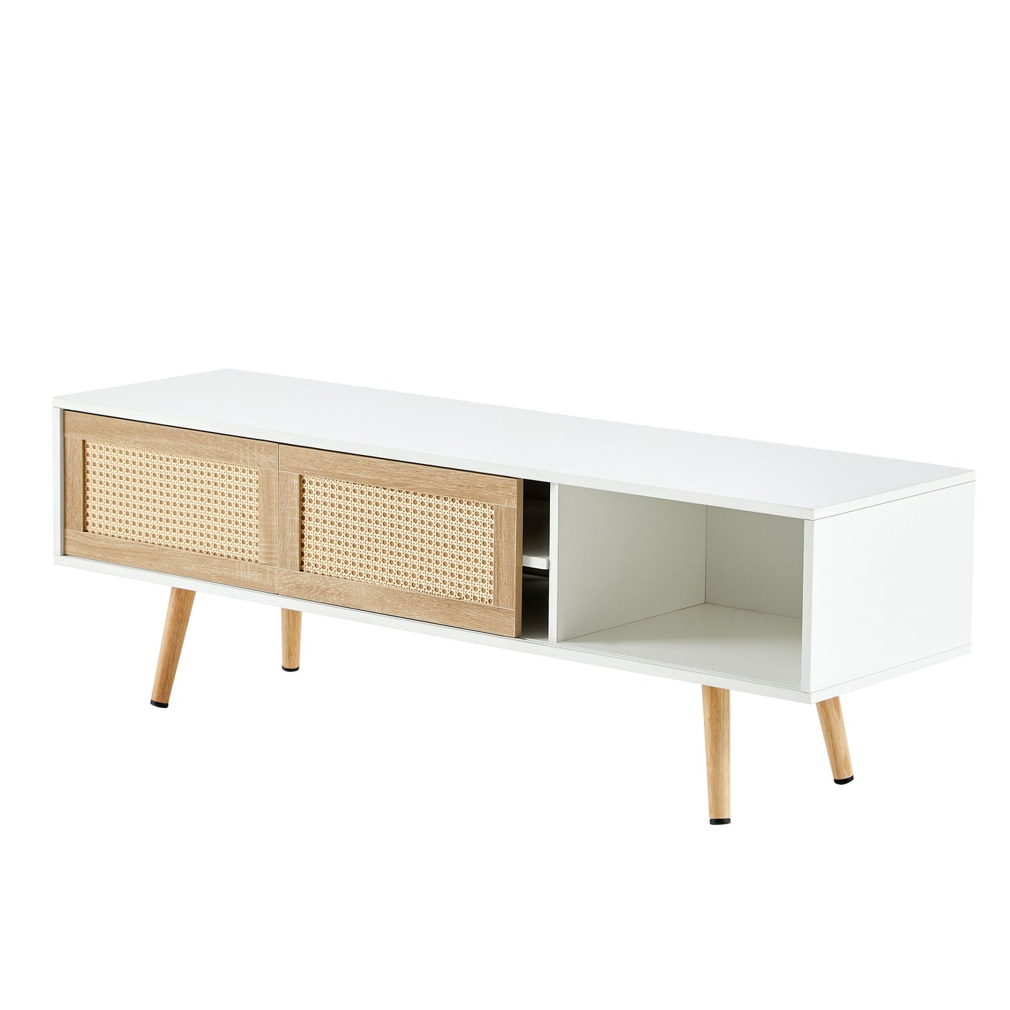 55.12" Rattan TV Cabinet, Double Sliding Doors For Storage, Adjustable Shelf, Solid Wood Legs, TV Console For Living Room - White