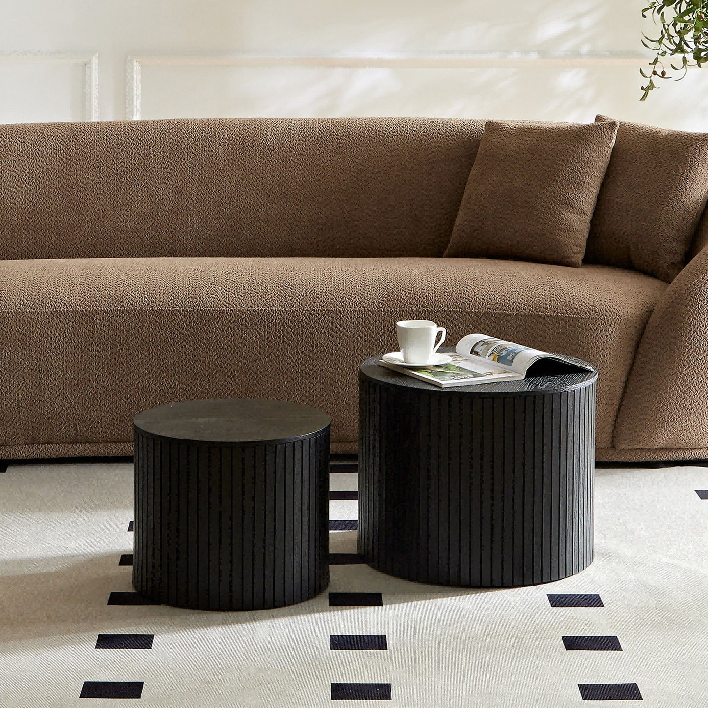 Modern Nesting Coffee Table Set With Walnut Veneer - 2 Pieces For Living Room - Black