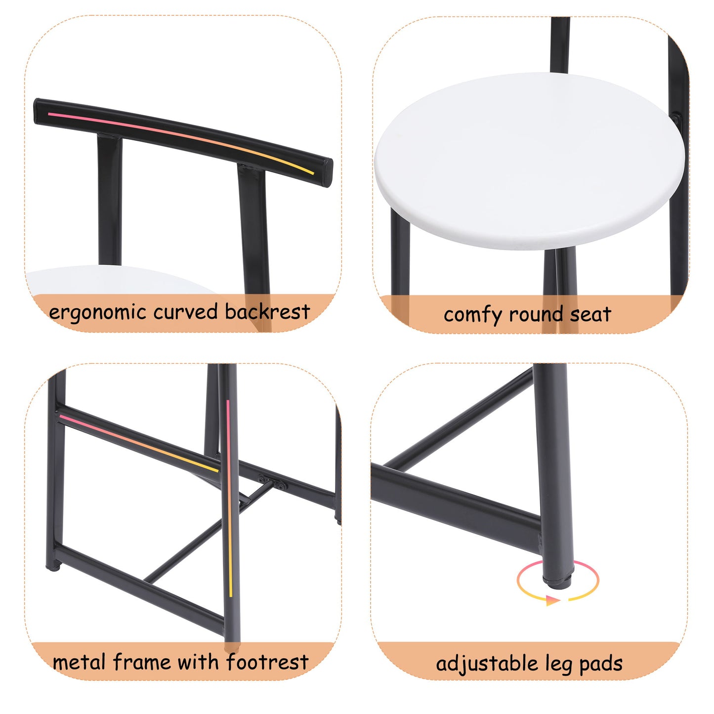 Modern Bar Stools With Backrest For Kitchen Island Or Pub Room, Metal Frame (Set of 3) - Black / White