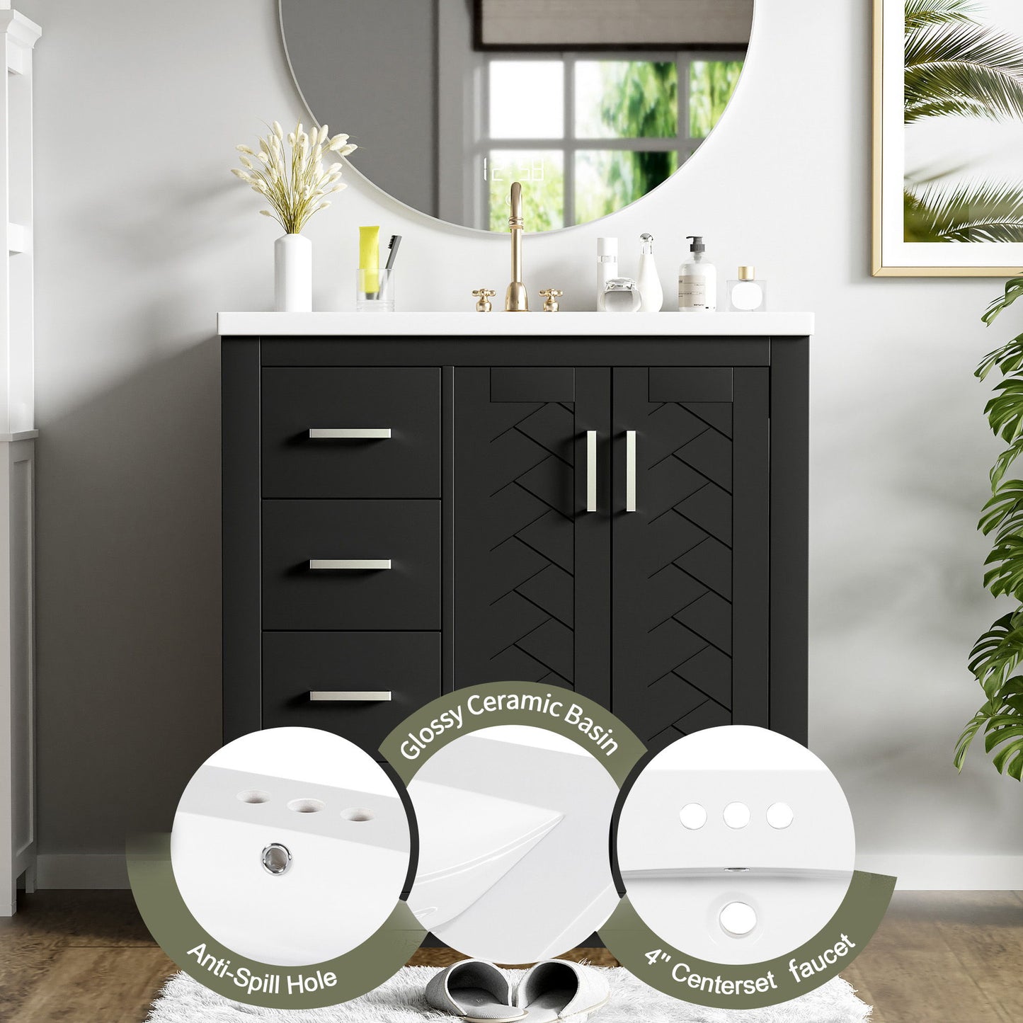Bathroom Vanity With Ceramic Sink Combo, Frame Bathroom Storage Cabinet, Freestanding Vanity Set With 3 Drawers & Soft Closing Doors - Black