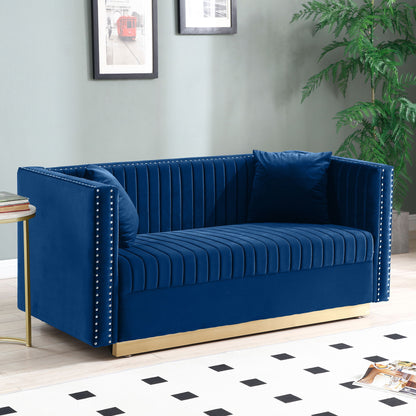 Contemporary Vertical Channel Tufted Sofa Loveseat Modern Upholstered Couch For Living Room With 2 Pillows - Blue