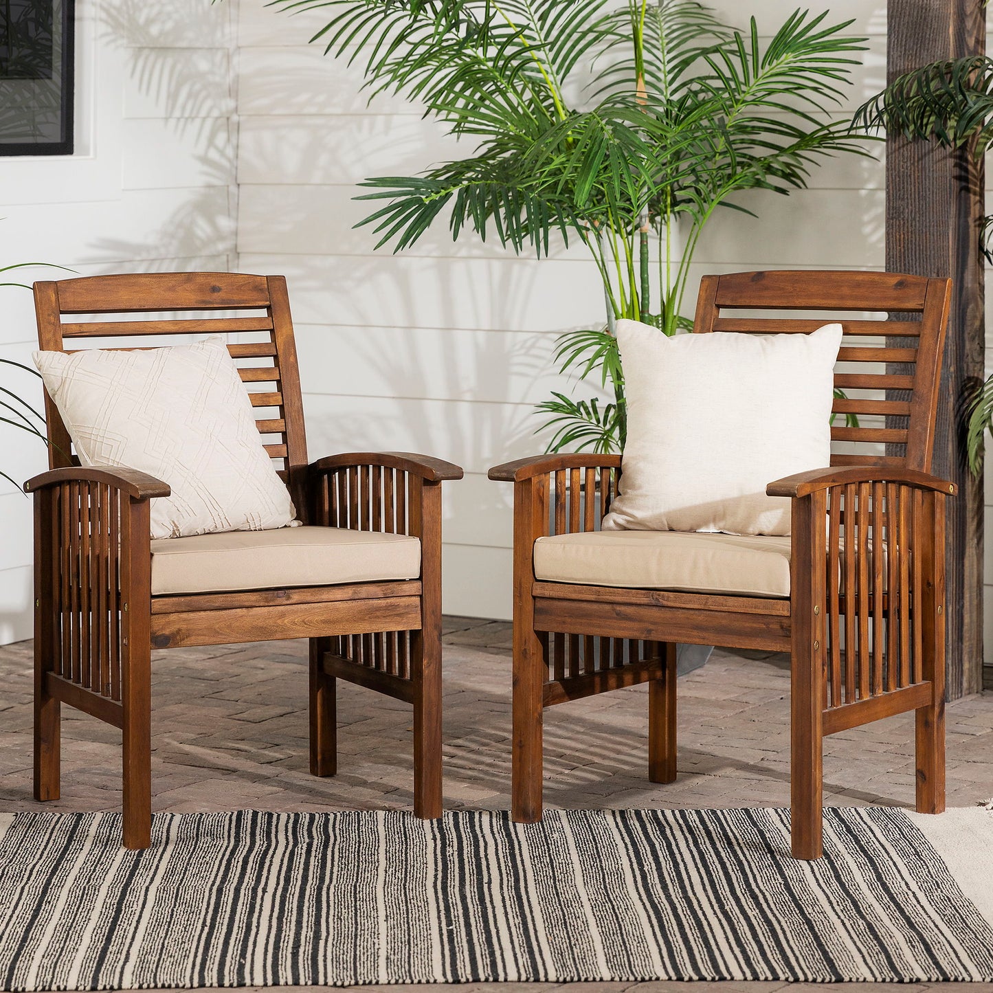 Modern 2 Piece Slat Back Patio Chairs With Cushions - Dark Brown