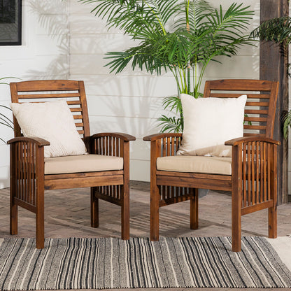 Modern 2 Piece Slat Back Patio Chairs With Cushions - Dark Brown