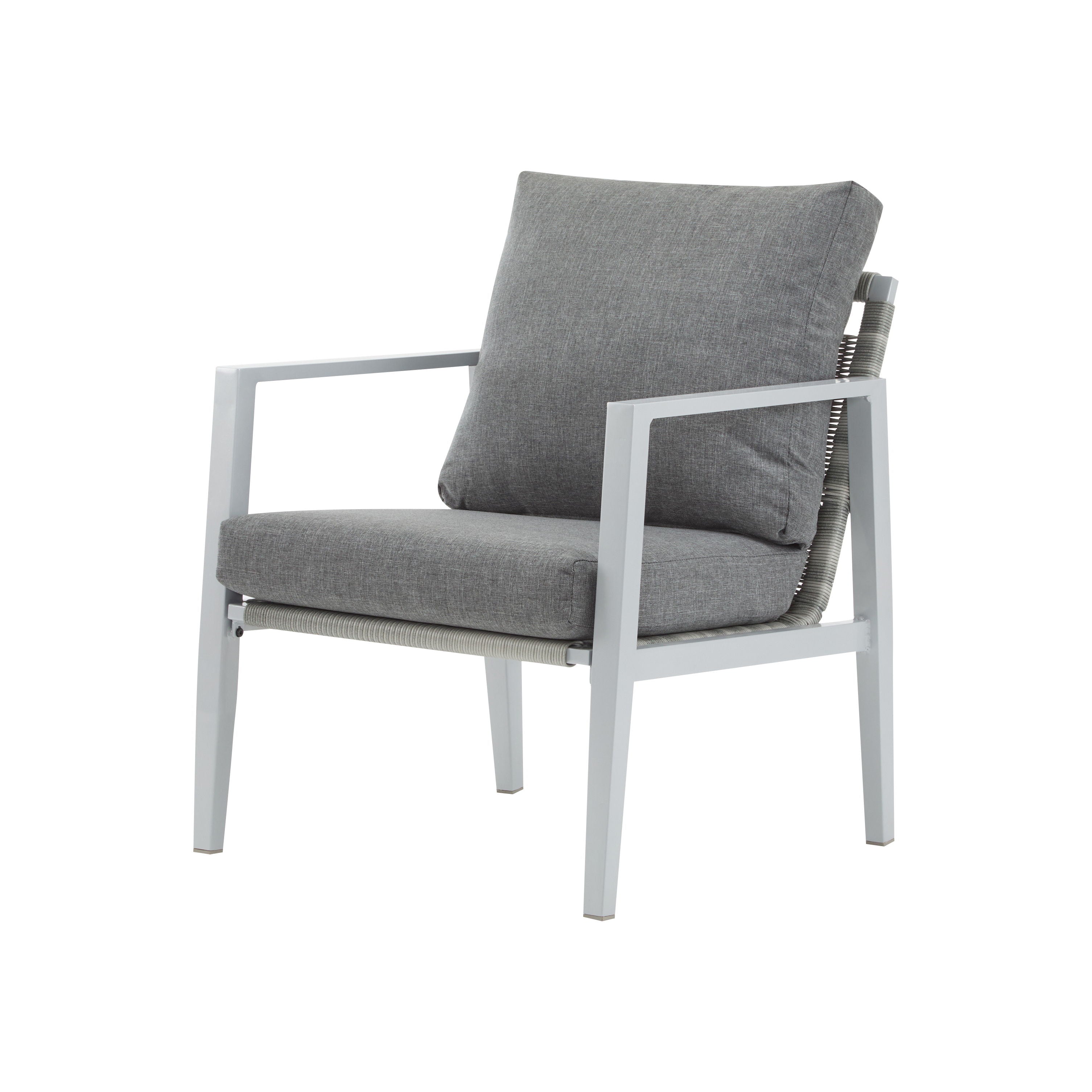 Aluminum Lounge Chair With Sleek Rope Accents, Comfortable Cushions, For Modern Indoor Outdoor Spaces - Gray / Silver / White