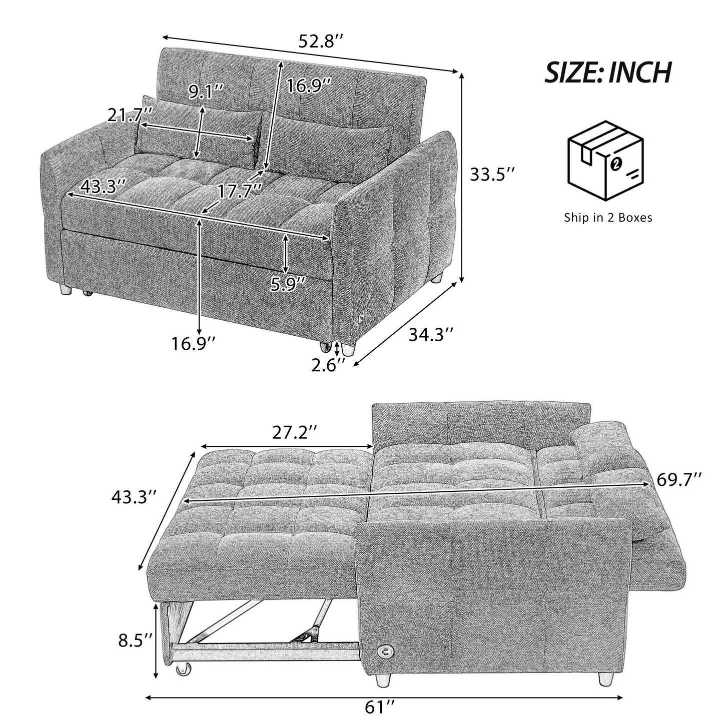 Loveseat Sofa Pull Out Sofa Bed Tufted Sleeper Sofa With An Adjustable Backrest, 3 USB Ports And 2 Lumbar Pillows For Living Room - Gray
