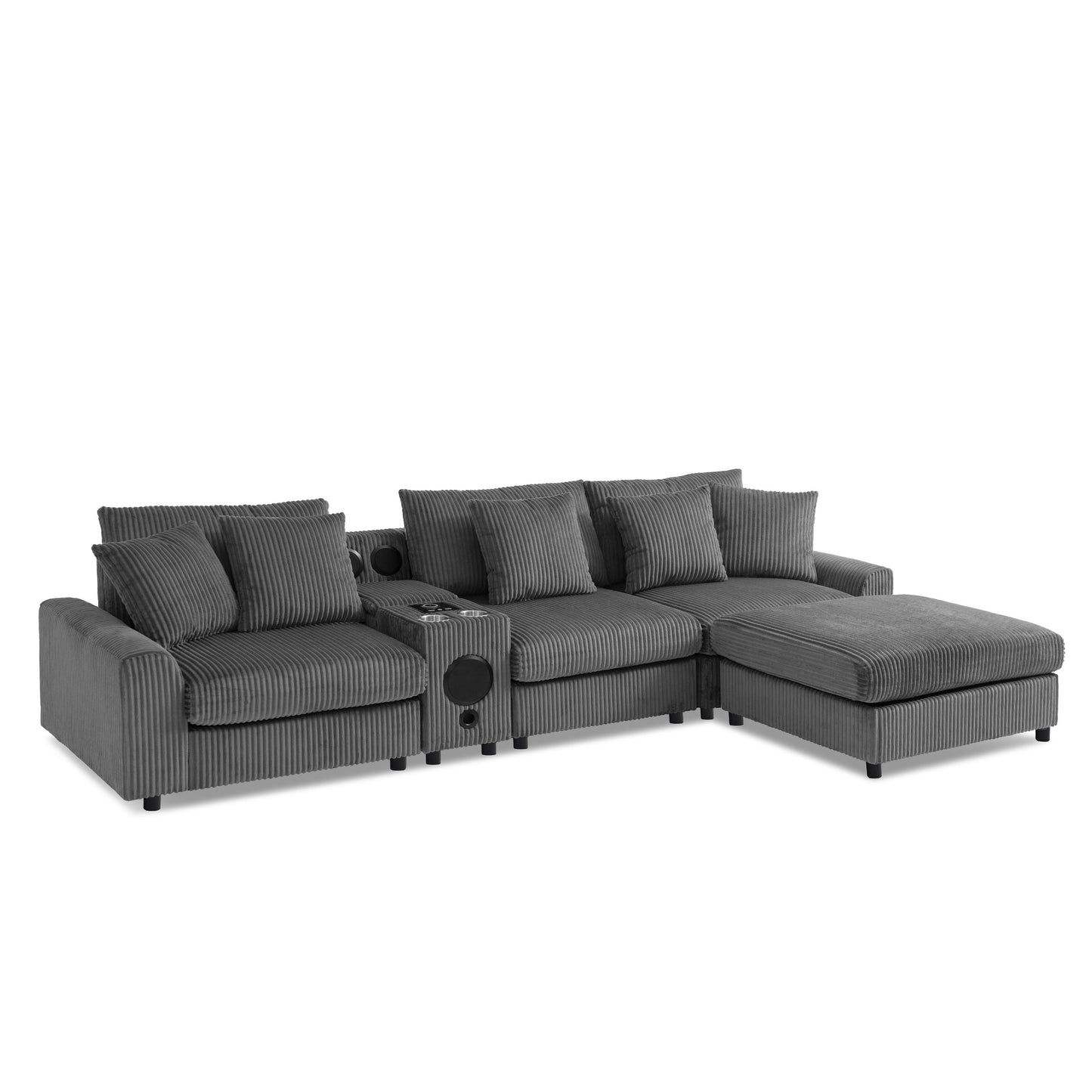 Sectional With Bluetooth Speakers L Shaped Couch With Console USB Charger, Cup Holders Storage Ottoman Deep And Wide Seat Cloud Sofa - Dark Gray