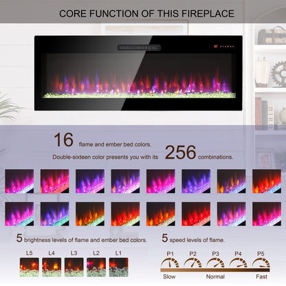 60" Electric Fireplace, Recessed And Wall Mounted Fireplace - Antique Black