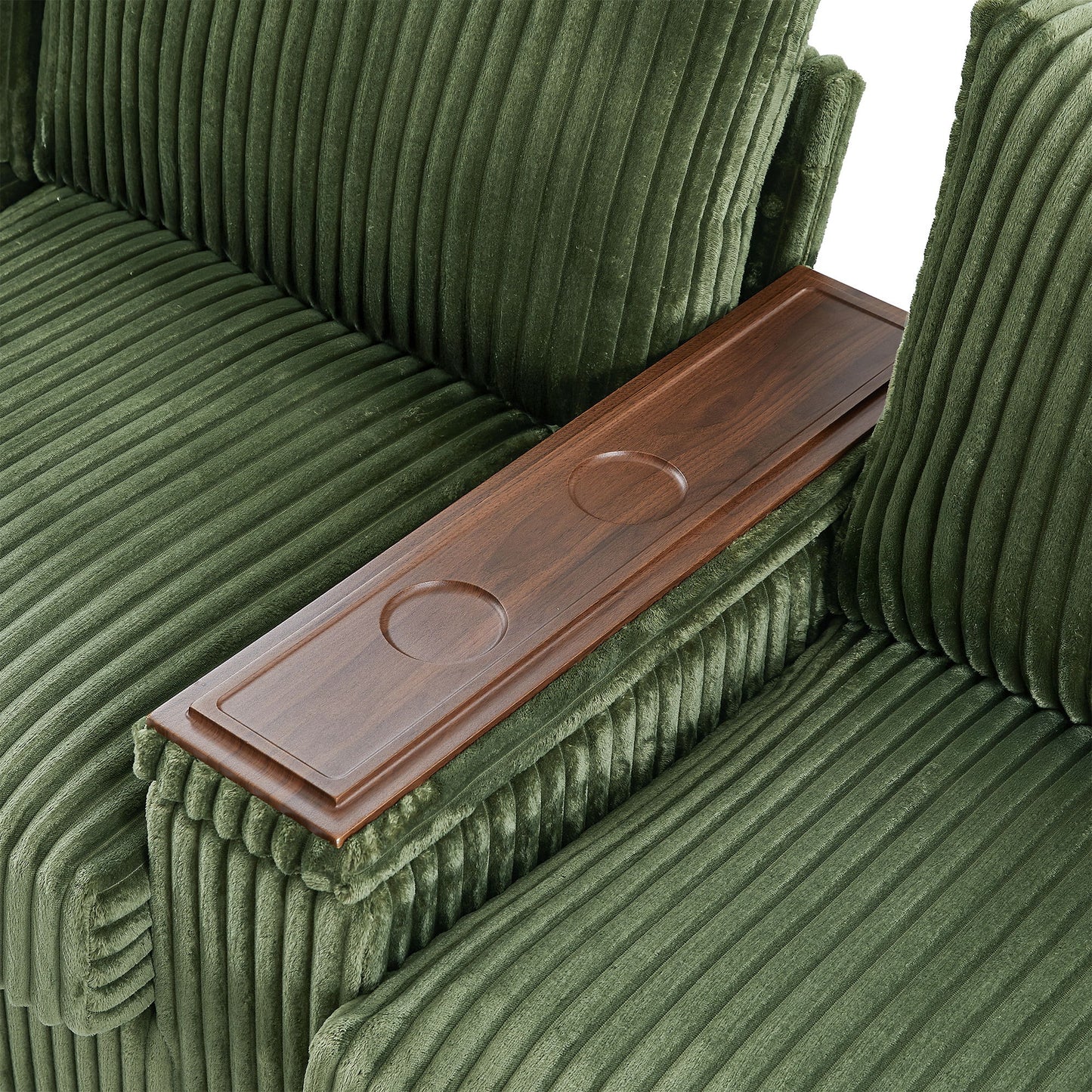 Modern 4 Seater Corduroy Sofa With USB Ports, Hidden Storage Arms, Flip Top Cup Holders - Green