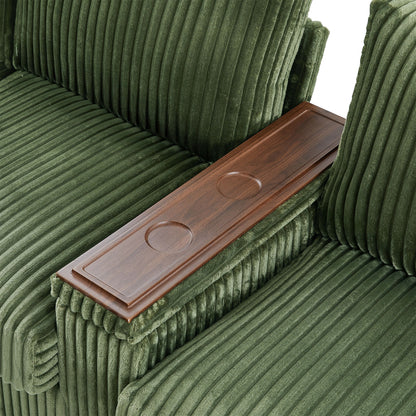 Modern 4 Seater Corduroy Sofa With USB Ports, Hidden Storage Arms, Flip Top Cup Holders - Green