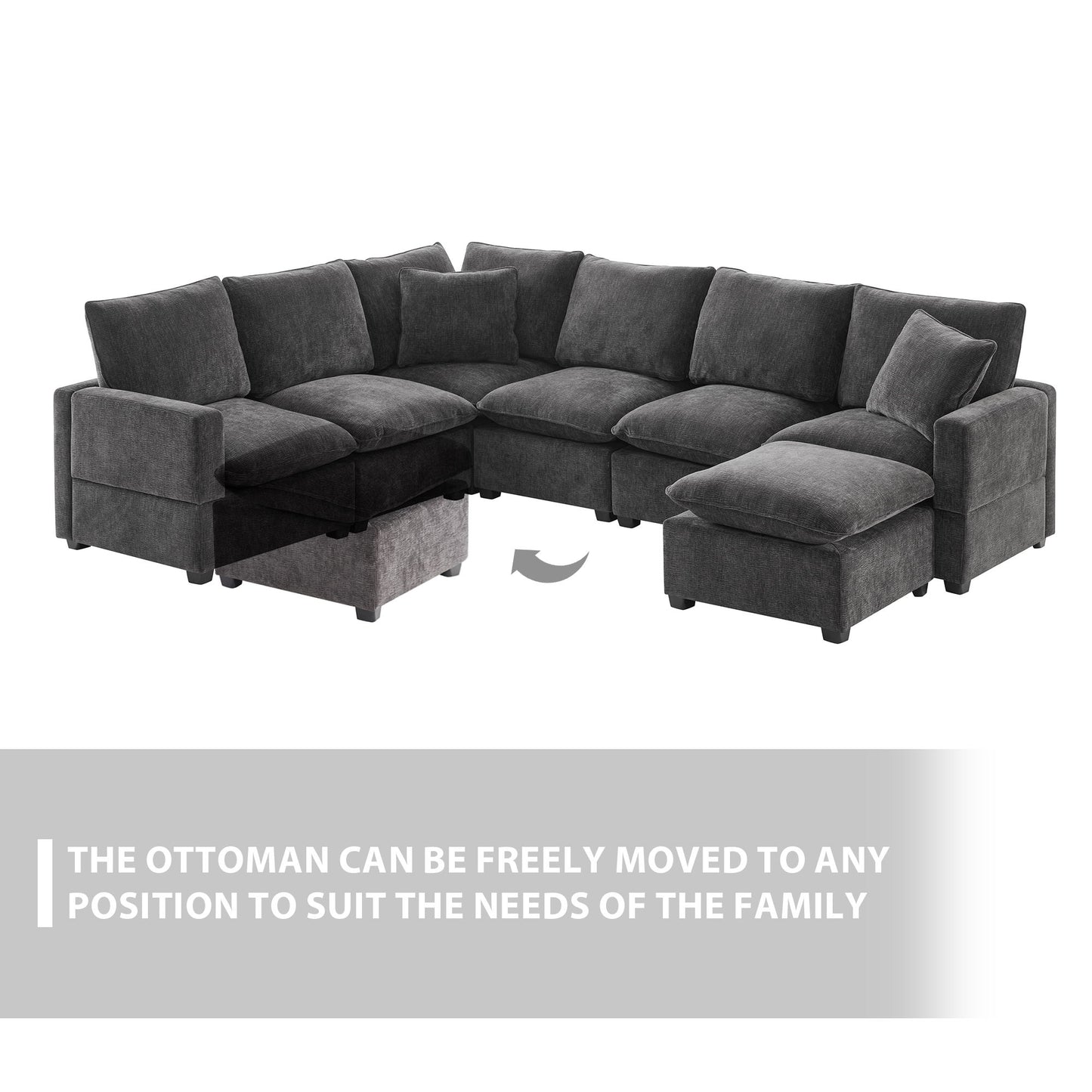 Modern U-Shape Modular Sofa, 7 Seat Chenille Sectional Couch Set With 2 Pillows Included, Freely Combinable Indoor Funiture - Black / Gray