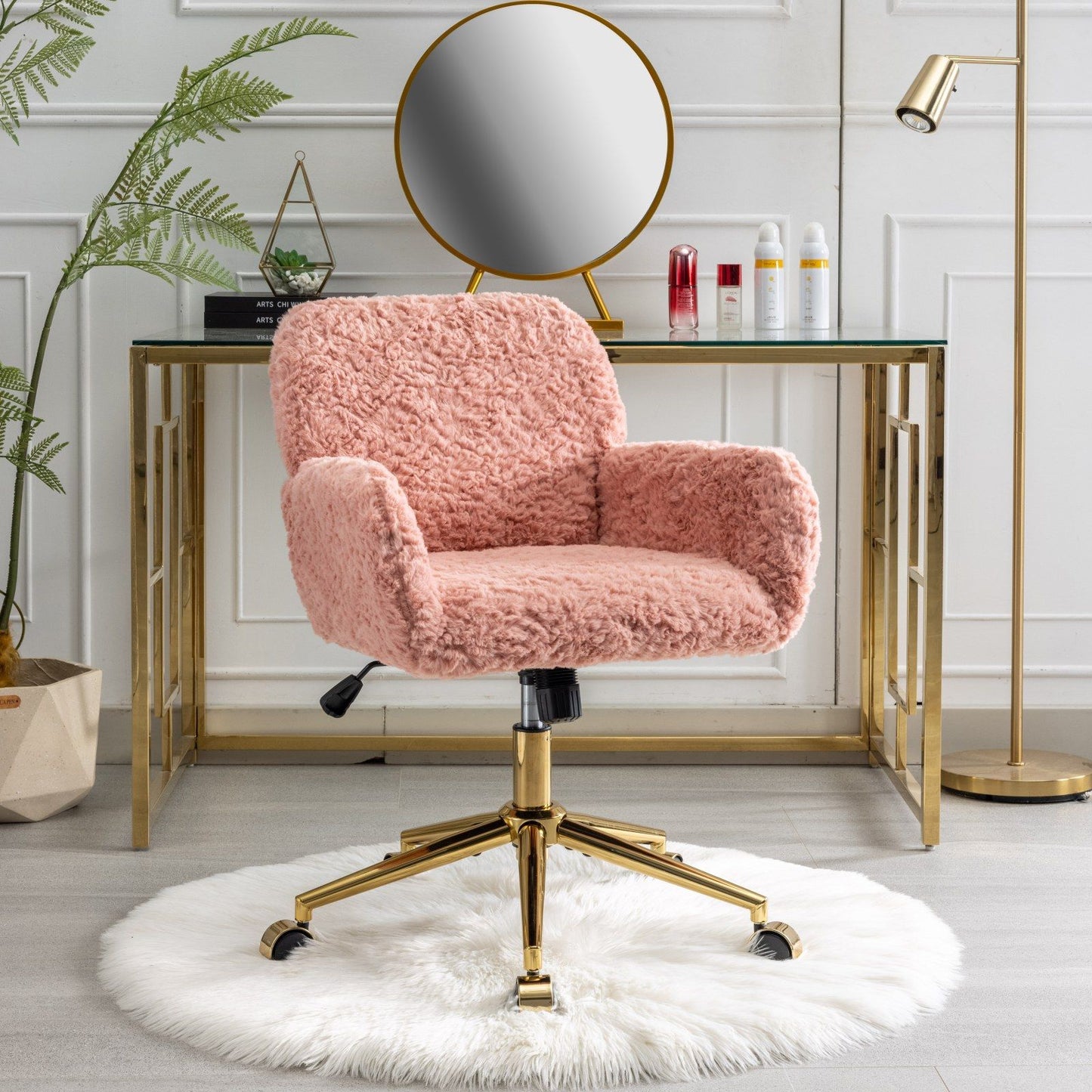 Office Chair, Artificial Rabbit Hair Home Office Chair With Golden Metal Base, Adjustable Desk Chair Swivel Office Chair, Vanity Chair - Pink