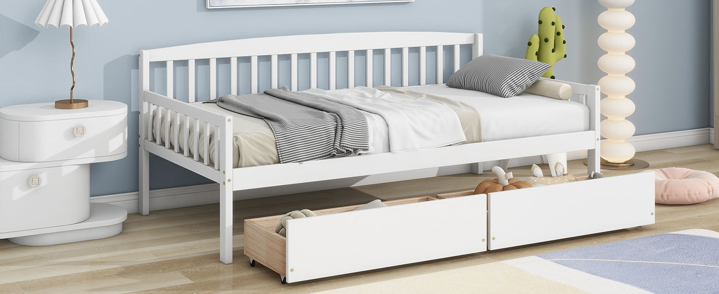 Twin Size Pine Wood Daybed With Two Storage Drawers, Sofa Bed With Bed Platform Of 10 Support Slats - White