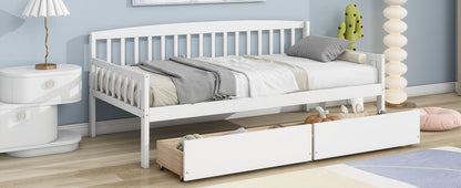 Twin Size Pine Wood Daybed With Two Storage Drawers, Sofa Bed With Bed Platform Of 10 Support Slats - White
