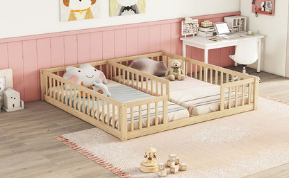 Double Twin Floor Bed With Fence, Guardrails, Without Door - Natural