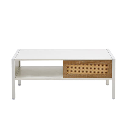 40.16" Rattan Coffee Table, Sliding Door For Storage, Metal Legs, Modern Table For Living Room - White