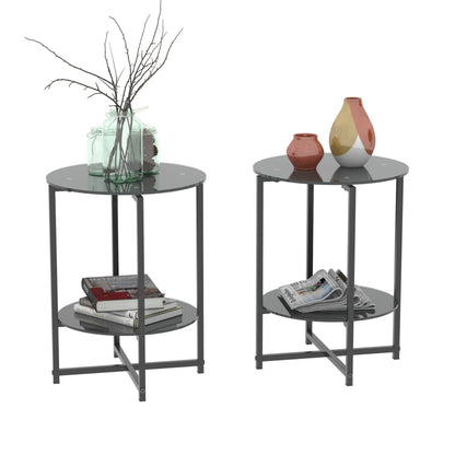 Tempered Glass End Table (Set of 2), Round Coffee Table For Bedroom Living Room Office - Black