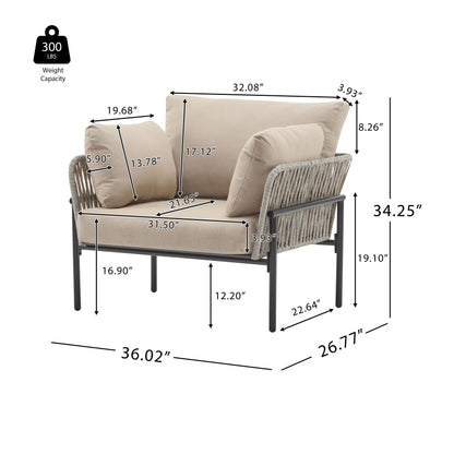 Modern Iron Lounge Chair With Rope Weave And Plush Cushions For Indoor / Outdoor Relaxation - Beige / Gray