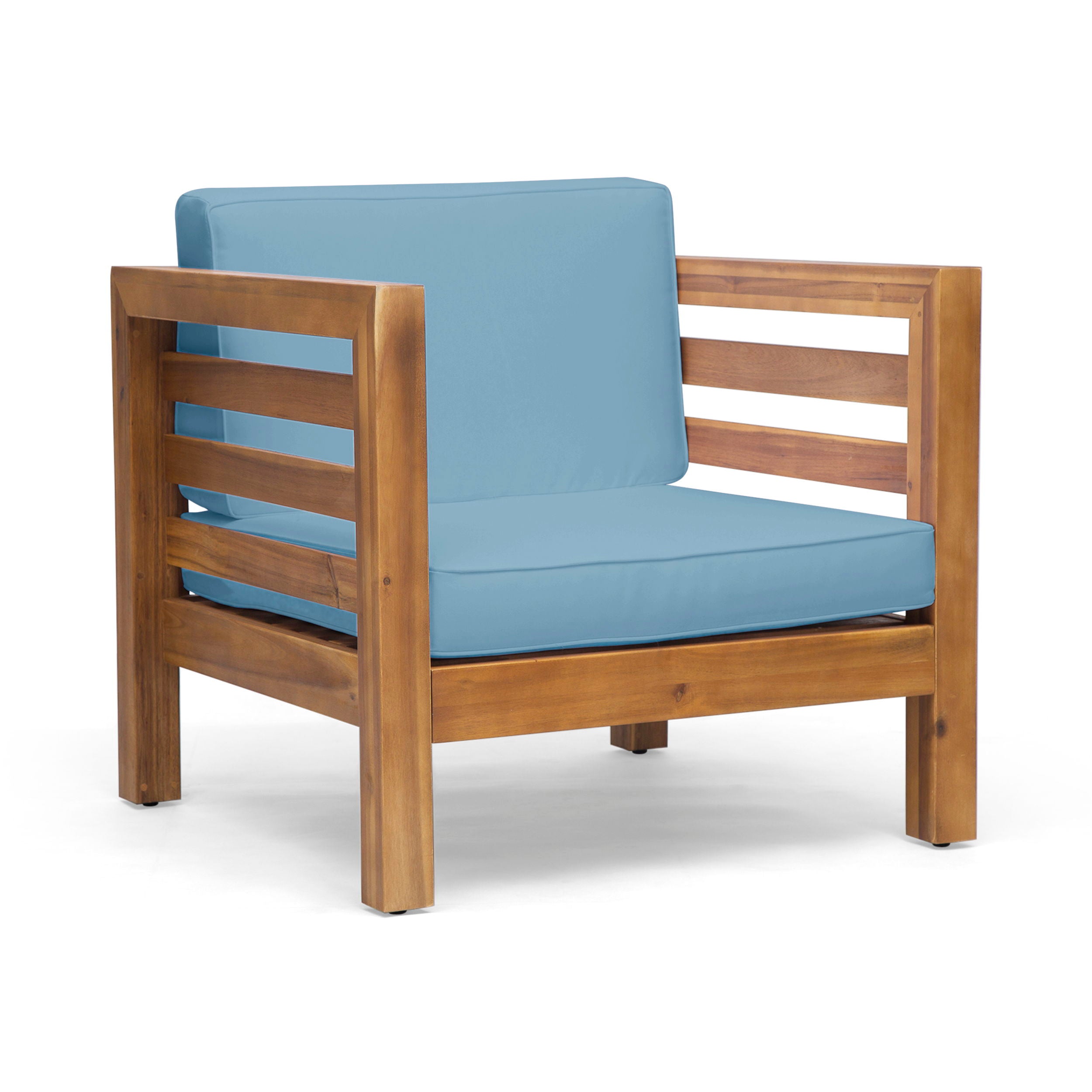Outdoor Club Chair, Acacia Wood Patio Chair With Fabric Cushion For Backyard, Poolside, Garden Or Porch - Pecan / Blue