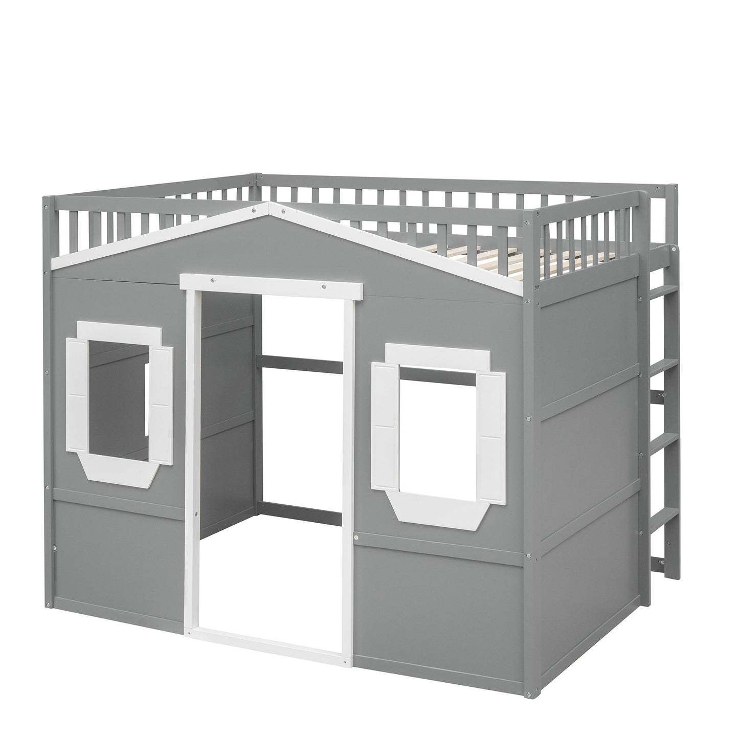 Full Size House Loft Bed With Ladder - Gray / White