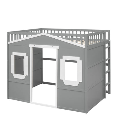 Full Size House Loft Bed With Ladder - Gray / White