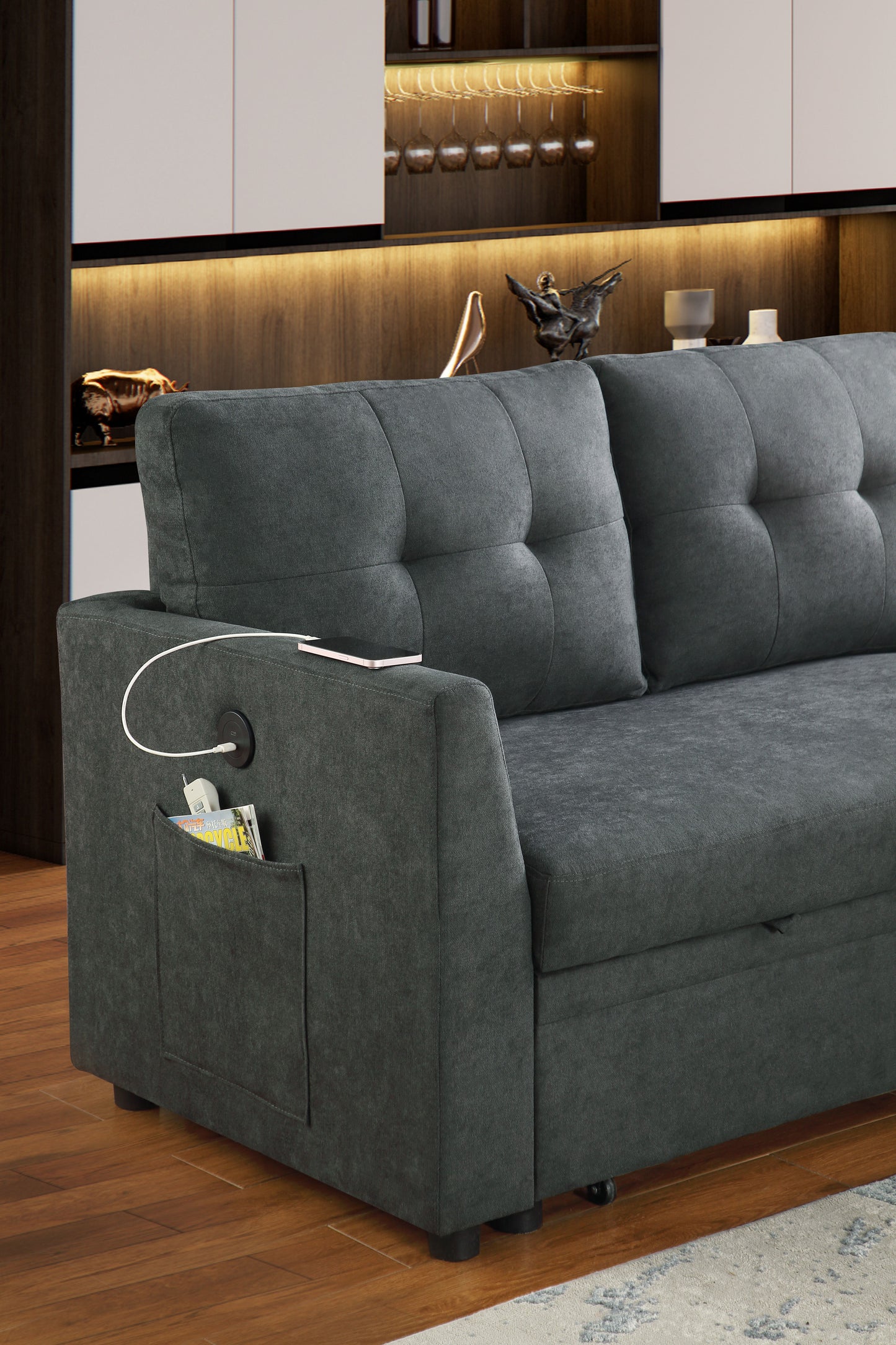 Sectional Sofa Bed L Shaped Sofa Couch Bed With USB Port, Reversible Sofa Couch Sleeper With Pull Out Bed, Chaise With Storage, Pull Out Couch For Living Room - Gray