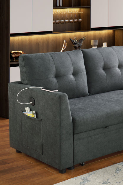 Sectional Sofa Bed L Shaped Sofa Couch Bed With USB Port, Reversible Sofa Couch Sleeper With Pull Out Bed, Chaise With Storage, Pull Out Couch For Living Room - Gray