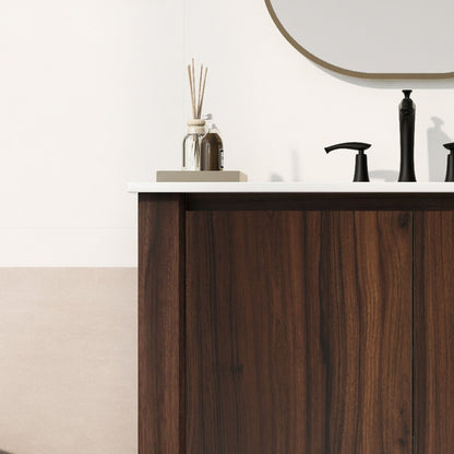 36" Modern Bathroom Vanity With Rectangle Ceramic Sink, Bathroom Cabinet And 45 Degrees Free Handle Design Soft Closing Doors, 1 Open Shelf At The Bottom - Dark Brown