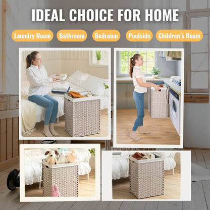 Laundry Hamper With Lid PE Rattan Powder Coating Frame Clothes Hampers With 2 Removable Bags, 100L - Gray