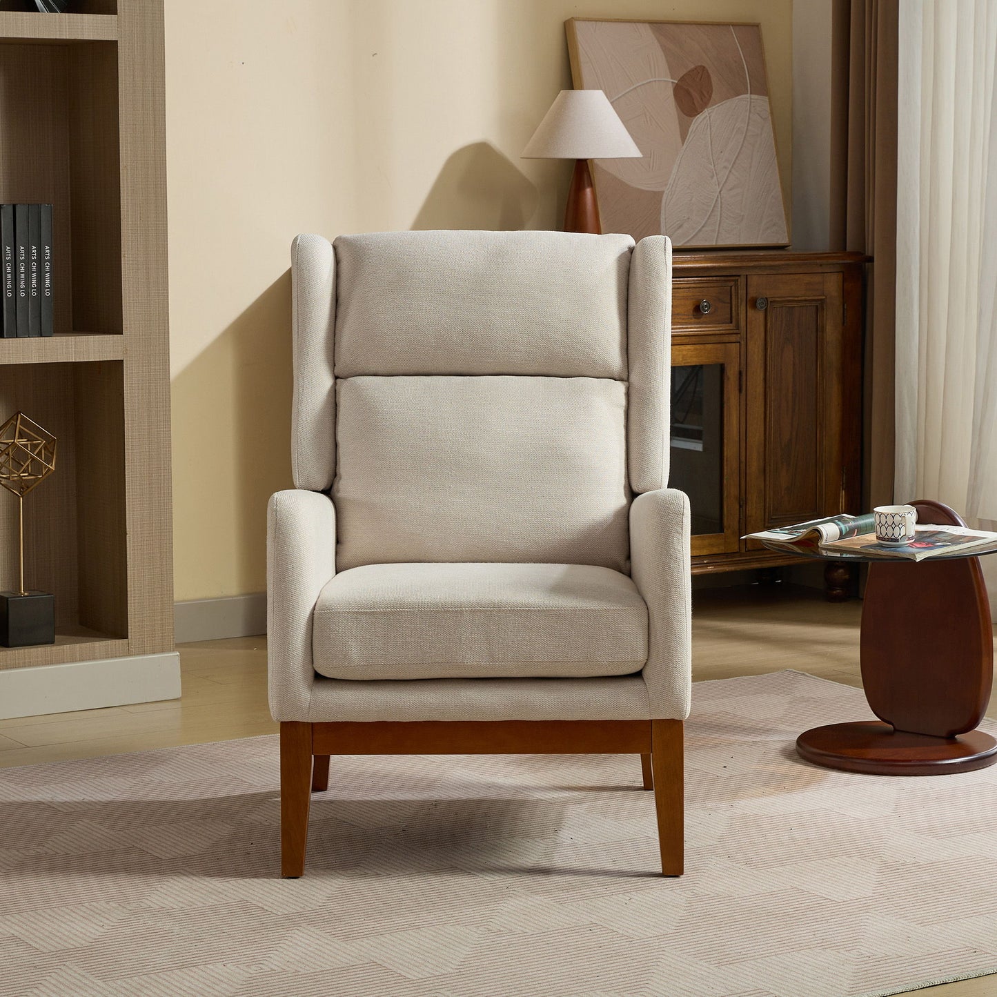 Wide Modern Accent Chair, Polyester Blend High Back Reading Chair, Upholstered Armchair Club Chair, Single Sofa With Wood Legs For Living Room, Reading Room, Office - Beige