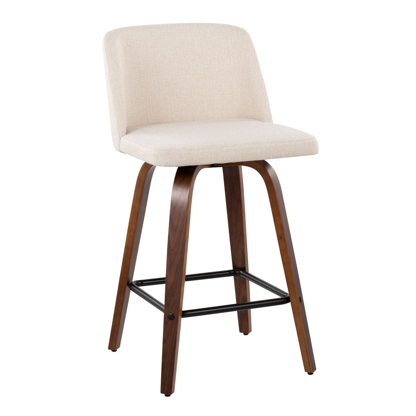 Toriano - Mid-Century Modern Fixed Height Counter Stool & Square Footrest (Set of 2) - Walnut / Cream