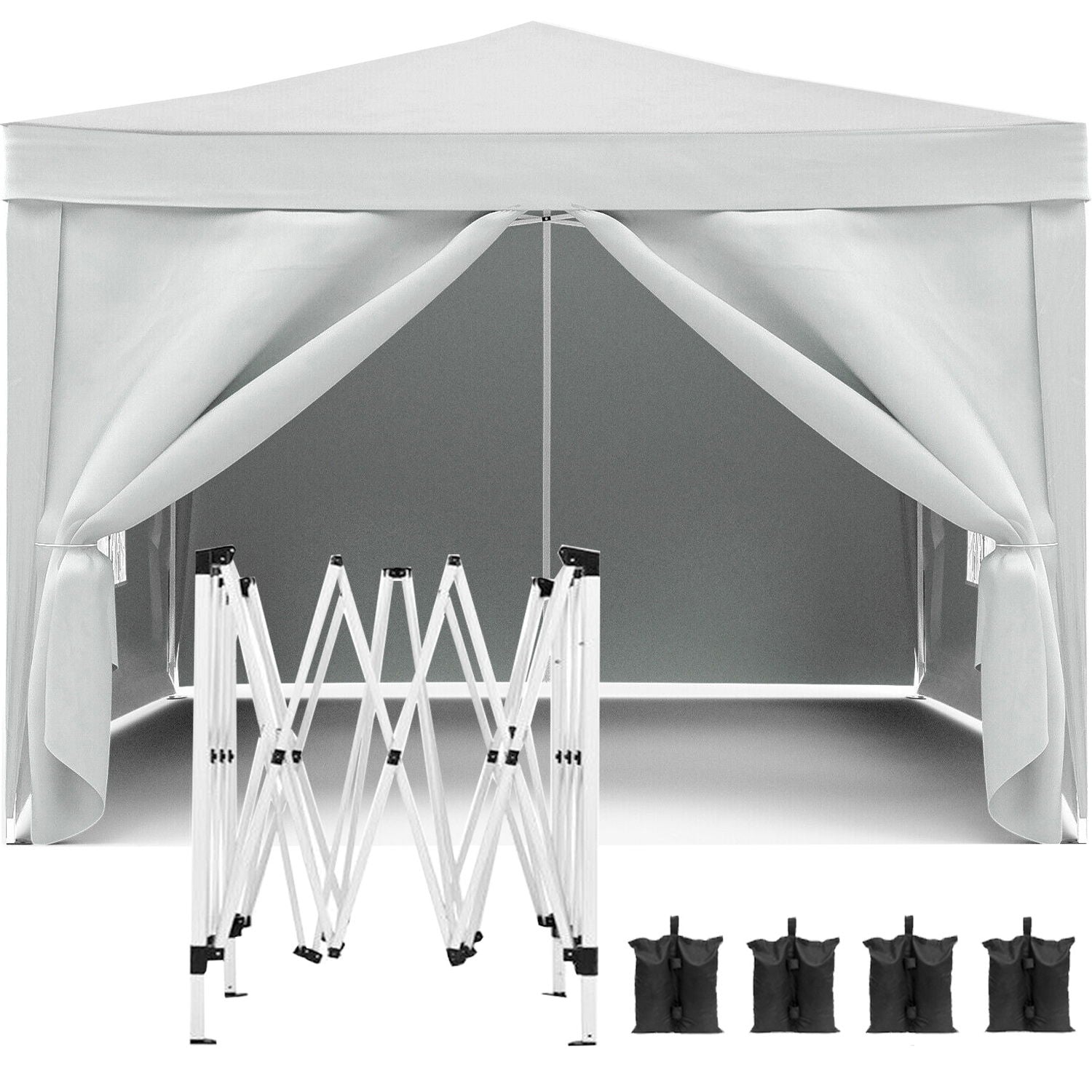 10'X10' Folding Canopy With 4 Removable Sidewalls Outdoor Event Shelter UPF 50+ Gazebo Portable Tents For Parties Beach Camping Wedding Ez Pop Up Canopy 4 Pieces Weight Bag + Carry Bag - White