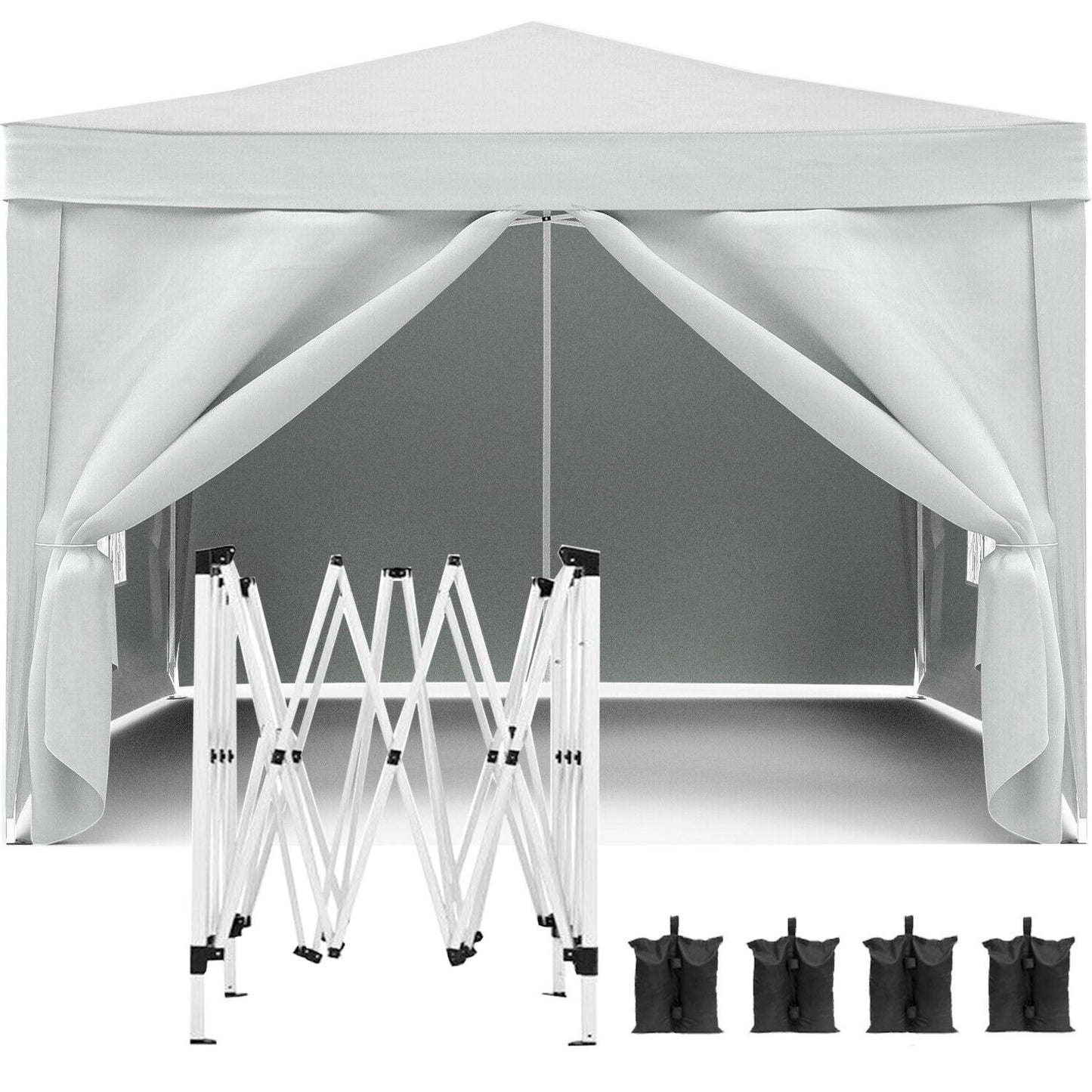 10'X10' Folding Canopy With 4 Removable Sidewalls Outdoor Event Shelter UPF 50+ Gazebo Portable Tents For Parties Beach Camping Wedding Ez Pop Up Canopy 4 Pieces Weight Bag + Carry Bag - White