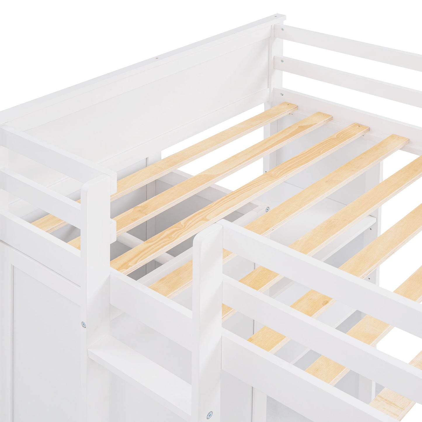 Twin Size Loft Bed With A Stand Alone Bed, Shelves, Desk, And Wardrobe - White