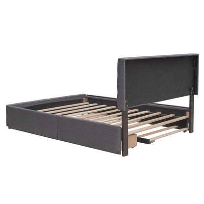 Queen Size Upholstered Platform Bed With 2 Drawers And 1 Twin Long Trundle - Dark Gray