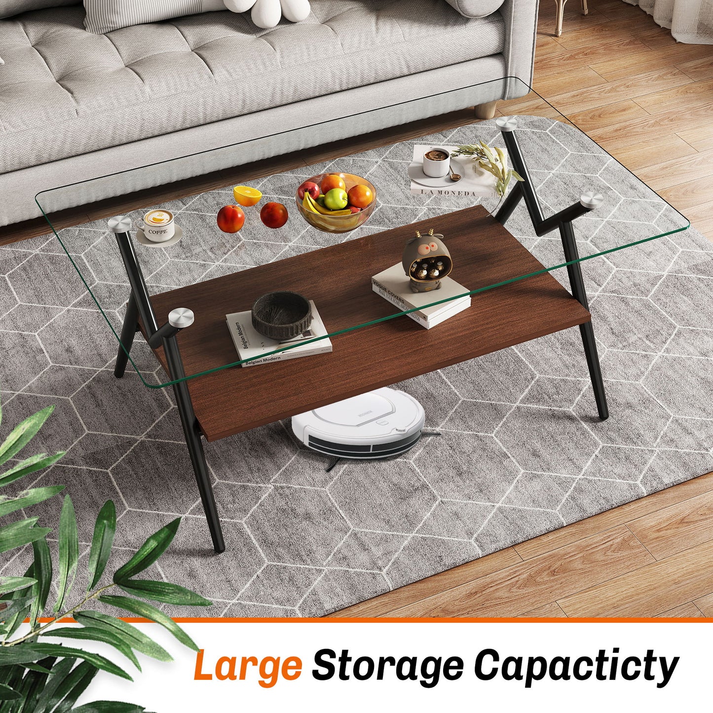 Rectangle Coffee Table With Tempered Glass Top And Metal Legs, Modern Table For Living Room, Transparent Glass - Dark Brown