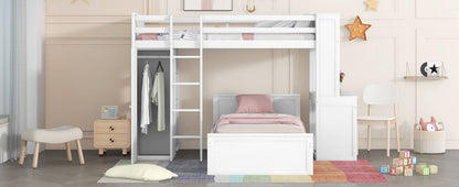 Twin Size Loft Bed With A Stand Alone Bed, Shelves, Desk, And Wardrobe - White