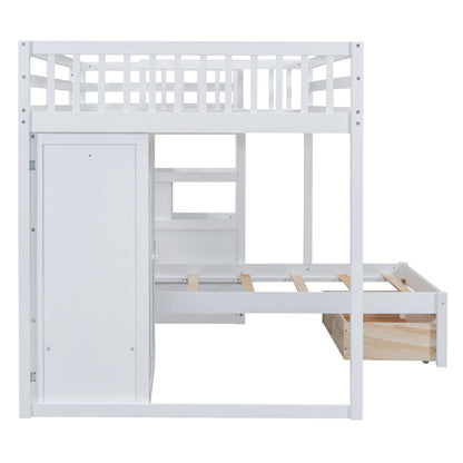 Full Over Twin Bunk Bed With Wardrobe, Drawers - White