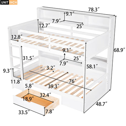 Twin Size Bunk Bed With Built-In Shelves Beside Both Upper And Down Bed And Storage Drawer - White