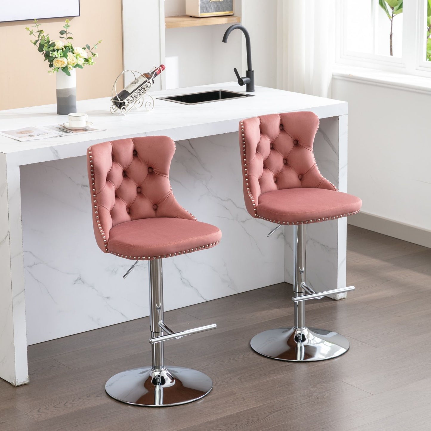Swivel Velvet Barstools Adjusatble Seat Height From 25-33", Modern Upholstered Chrome Base Bar Stools With Backs Comfortable Tufted For Home Pub And Kitchen Island 1712Pk (Set of 2) - Pink