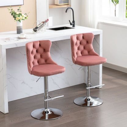 Swivel Velvet Barstools Adjusatble Seat Height From 25-33", Modern Upholstered Chrome Base Bar Stools With Backs Comfortable Tufted For Home Pub And Kitchen Island 1712Pk (Set of 2) - Pink