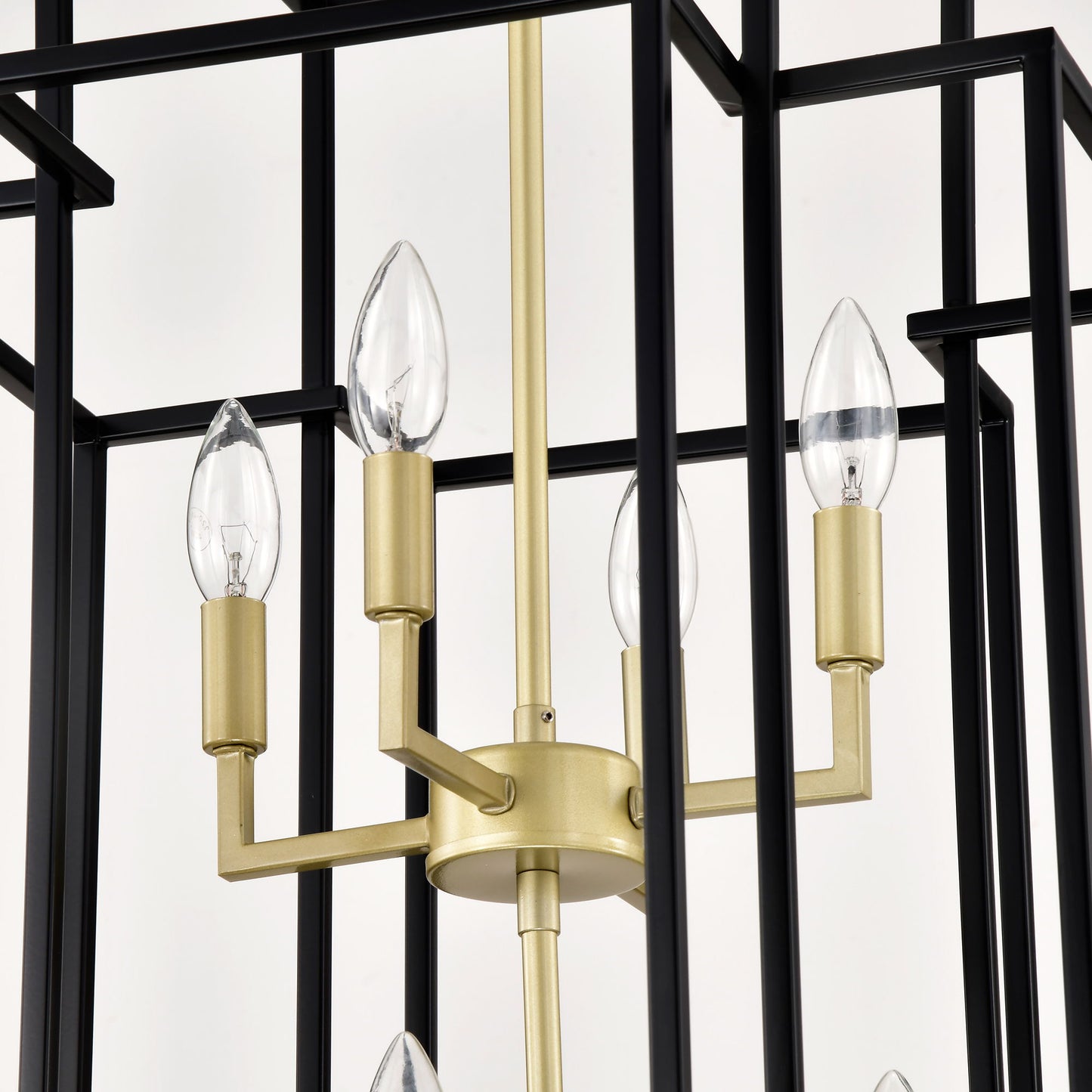 8 Light Metal Lantern Tiered Pendant Hanging Light Fixtures, Industrial Farmhouse Adjustable Height Chandeliers For Dining Room Hallway Foyer Entryway (E12 Bulbs Not Included) - Matte Black / Gold